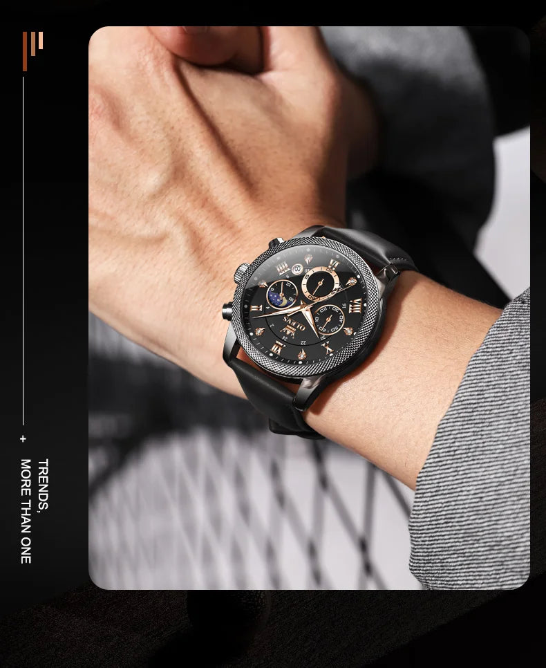 OLEVS 3660 Men's Watch - Moon Phase, Chronograph, Leather Strap, Waterproof, Anti-Magnetic