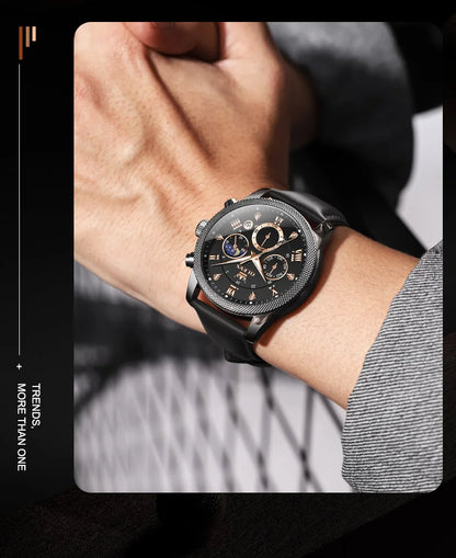 OLEVS 3660 Men's Watch - Moon Phase, Chronograph, Leather Strap, Waterproof, Anti-Magnetic