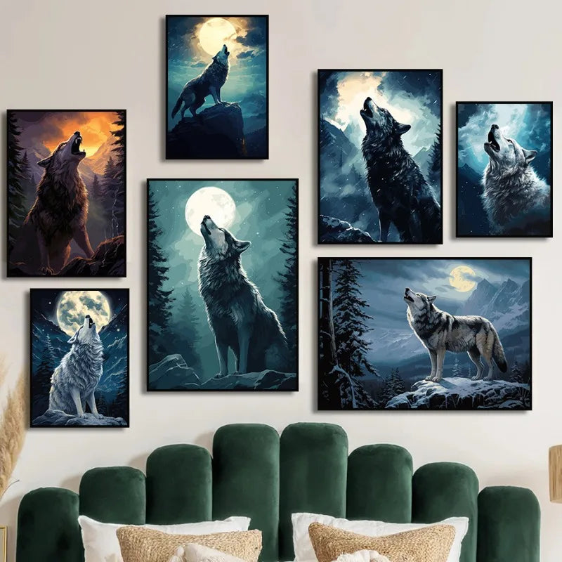 Moon Wolf Canvas Poster - Watercolor Spray Painting Wall Art