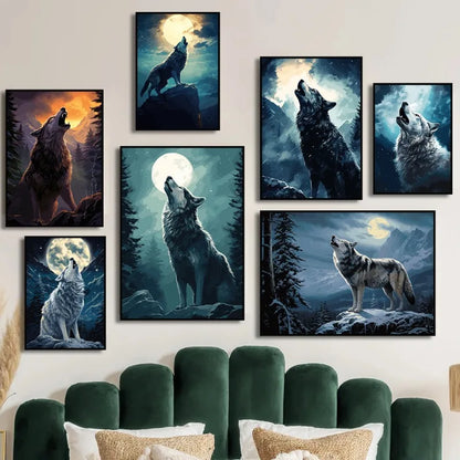 Moon Wolf Canvas Poster - Watercolor Spray Painting Wall Art