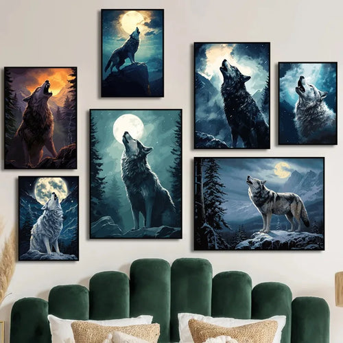 Moon Wolf Canvas Poster - Watercolor Spray Painting Wall Art