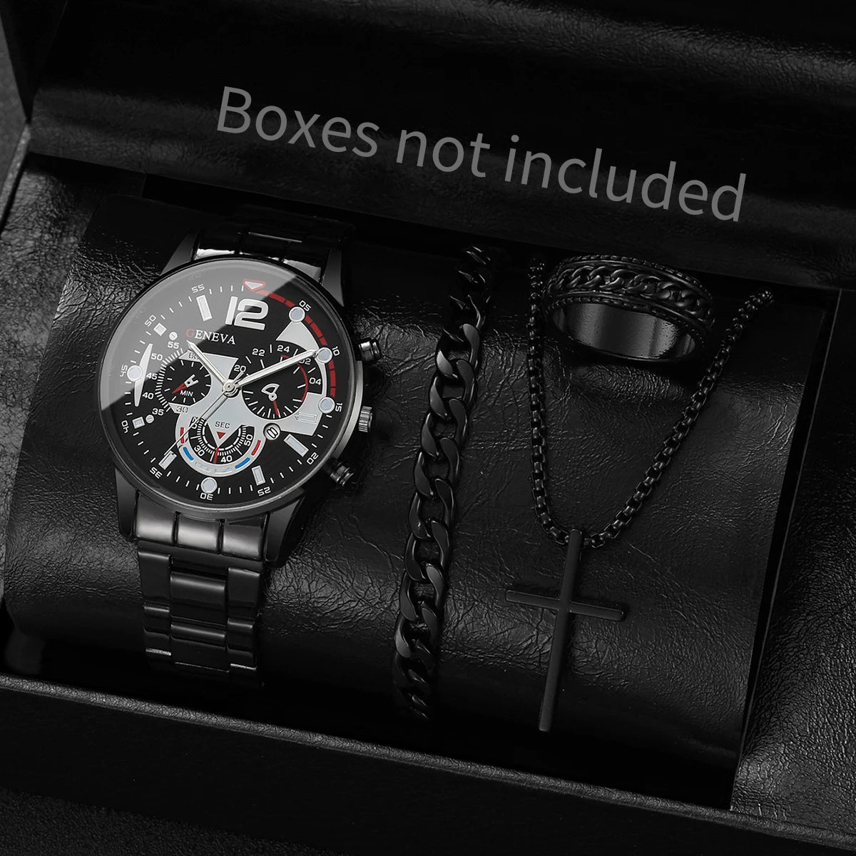 yolako 4pcs Men's Business Quartz Watch, Necklace, Bracelet & Ring Set - Alloy Band, Arabic Numeral, 42mm