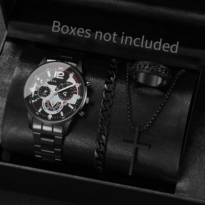 yolako 4pcs Men's Business Quartz Watch, Necklace, Bracelet & Ring Set - Alloy Band, Arabic Numeral, 42mm
