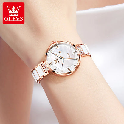 OLEVS 5589 Luxury Diamond Women's Watch - Ceramic Band, Roman Numeral, 3ATM, Bracelet Set