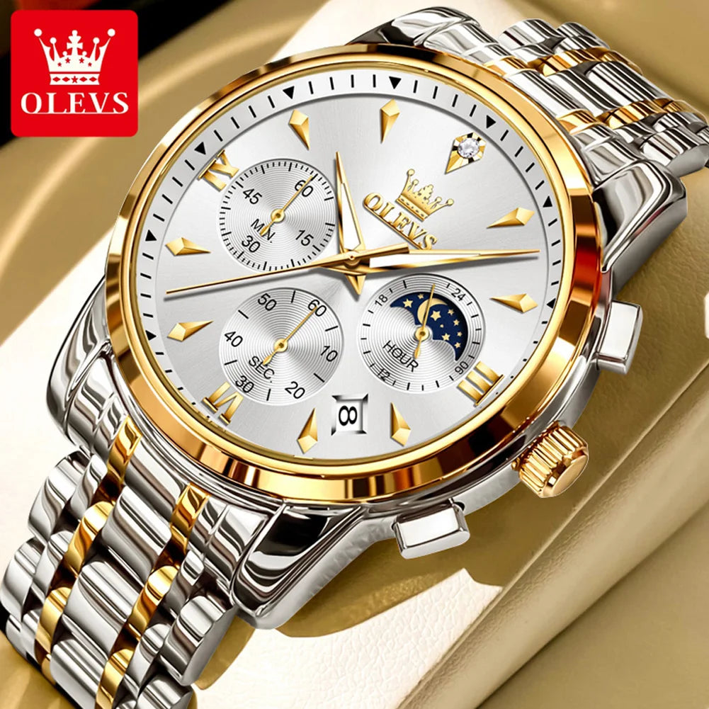 OLEVS Moon Phase Watch - Gold Blue Stainless Steel Chronograph