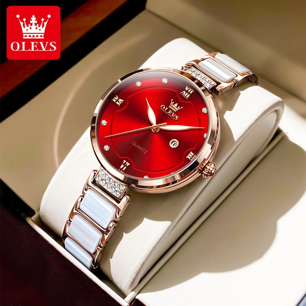 OLEVS 5589 Luxury Diamond Women's Watch - Ceramic Band, Roman Numeral, 3ATM, Bracelet Set