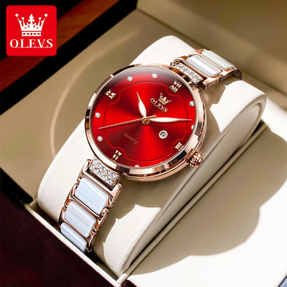 OLEVS 5589 Luxury Diamond Women's Watch - Ceramic Band, Roman Numeral, 3ATM, Bracelet Set
