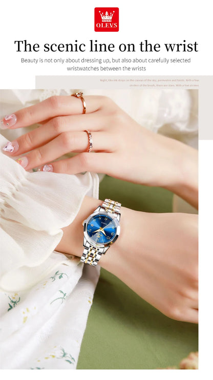 OLEVS 9970 Couple Watch - Luxury, Stainless Steel, Waterproof, Calendar, Digital Dial, Rhombus Mirror