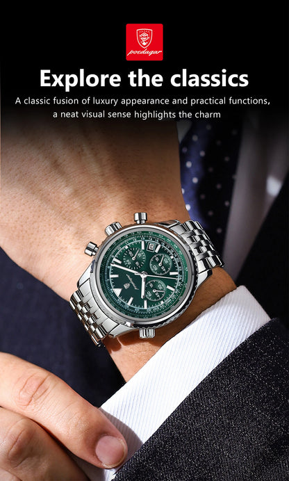 POEDAGAR 960 Men's Luxury Chronograph Watch - Stainless Steel, Luminous, 3ATM, Auto Date
