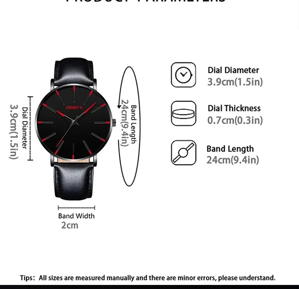 DIJANES Men's Quartz Watch & PU Leather Bracelet Set - Numberless Dial, Buckle, Fashion Casual