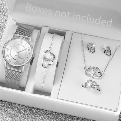 Women's Heart Dial Quartz Watch & Rhinestone Heart Jewelry Set - Plastic Band, 38mm, No Box