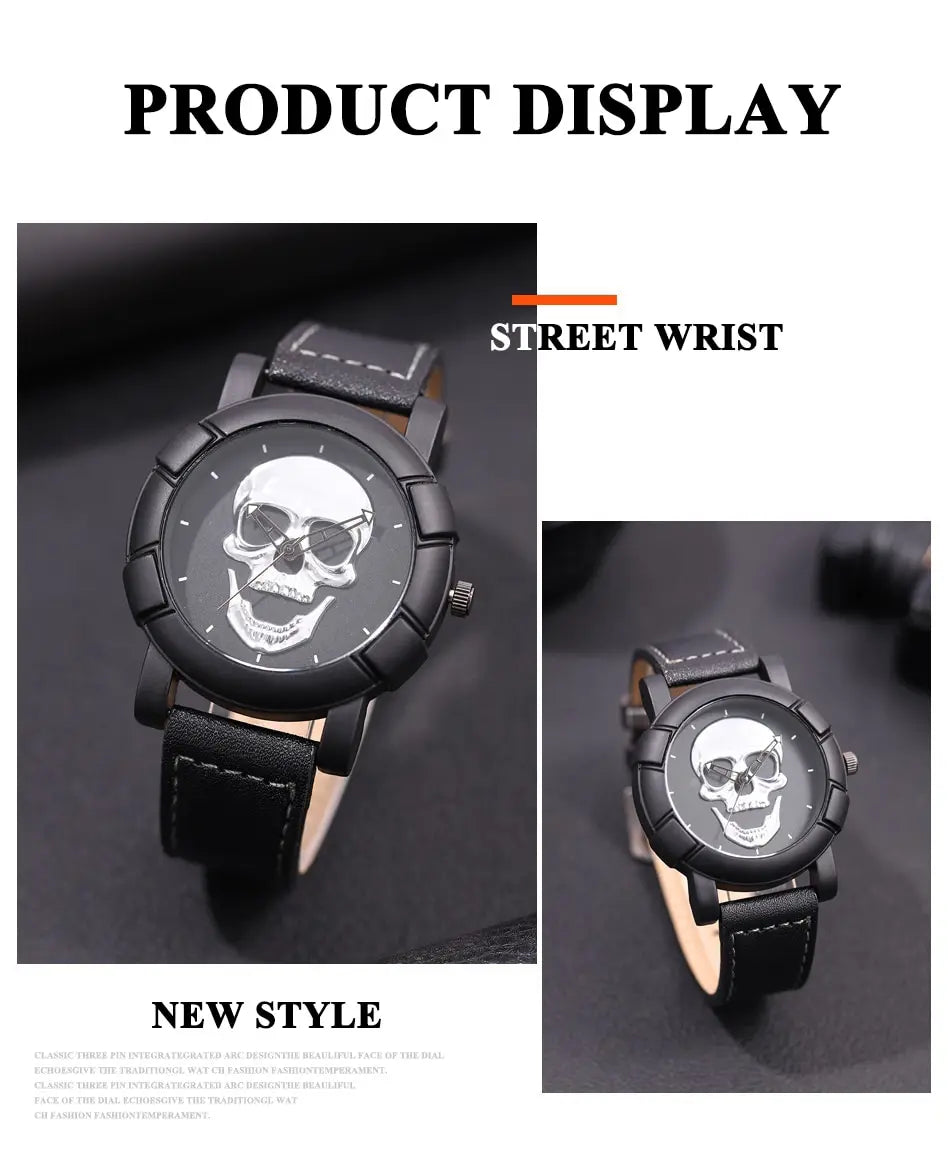DEYROS 3pcs Men's Skull Quartz Watch Set - Watch, Necklace & Bracelet, Stainless Steel, Hardlex