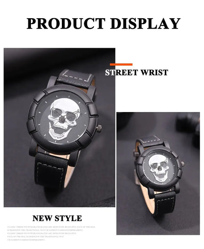 DEYROS 3pcs Men's Skull Quartz Watch Set - Watch, Necklace & Bracelet, Stainless Steel, Hardlex
