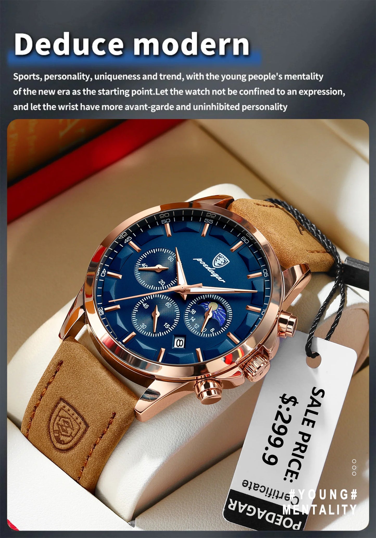 POEDAGAR 928 Men's Luxury Sport Watch - Leather Band, Luminous, Diver, 3ATM, Auto Date