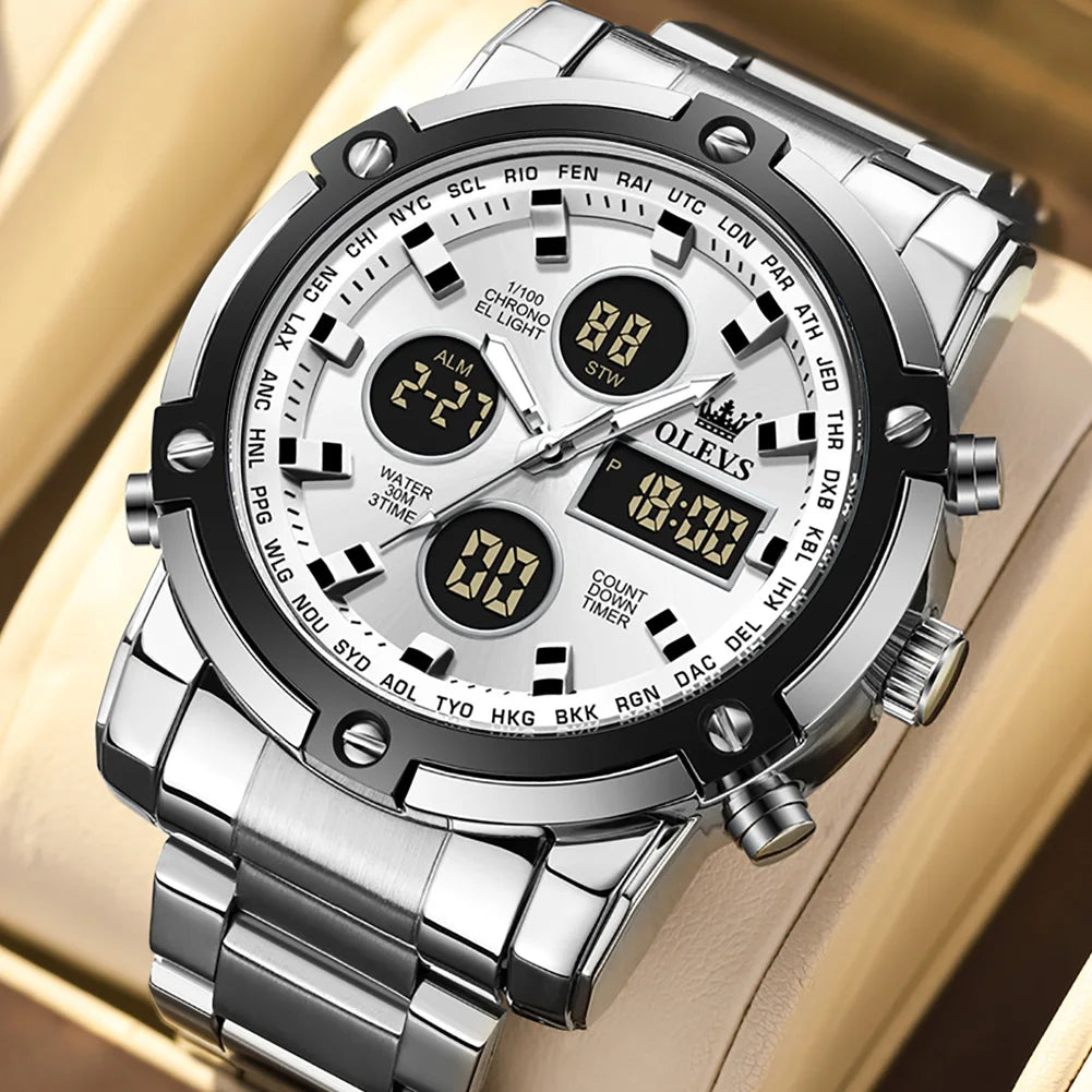 OLEVS Men’s Stainless Steel Multifunctional Analog-Digital Watch