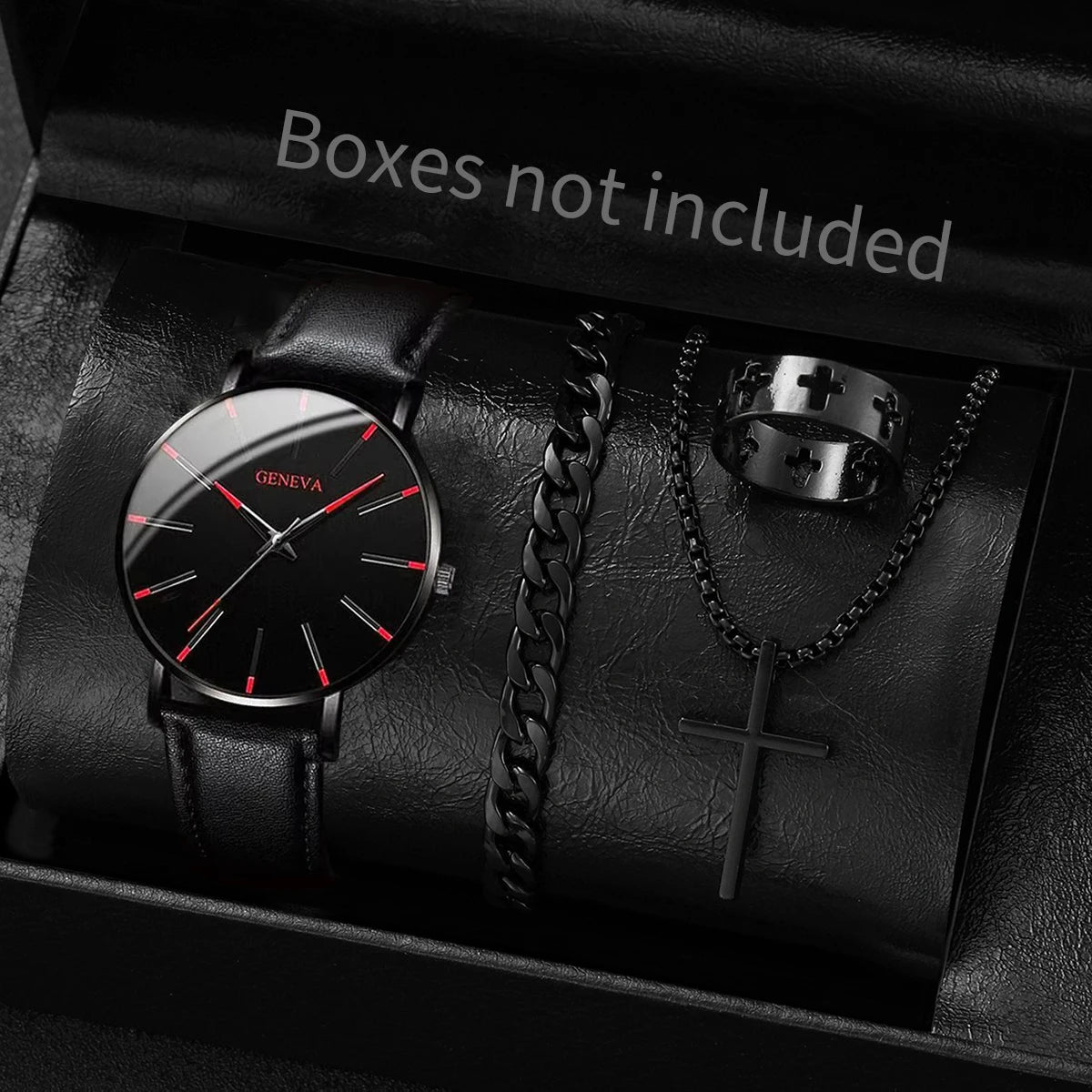 yolako 4pcs Men's Ultra-Thin Quartz Watch, Bracelet, Necklace & Ring Set - Leather Band, 40mm, No Box