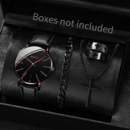 yolako 4pcs Men's Ultra-Thin Quartz Watch, Bracelet, Necklace & Ring Set - Leather Band, 40mm, No Box