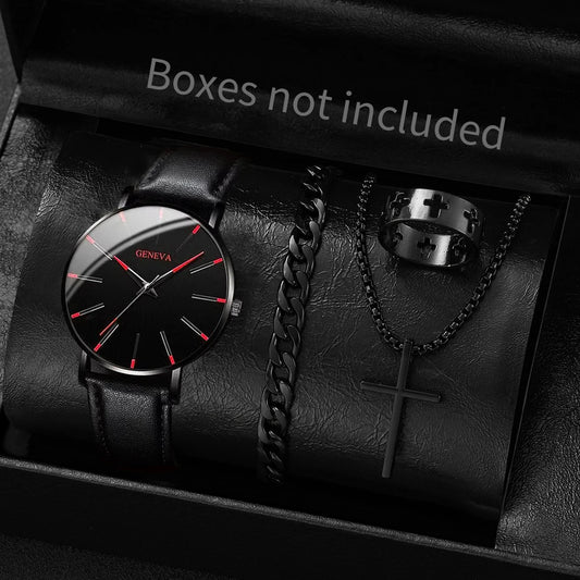 yolako 4pcs Men's Ultra-Thin Quartz Watch, Bracelet, Necklace & Ring Set - Leather Band, 40mm, No Box