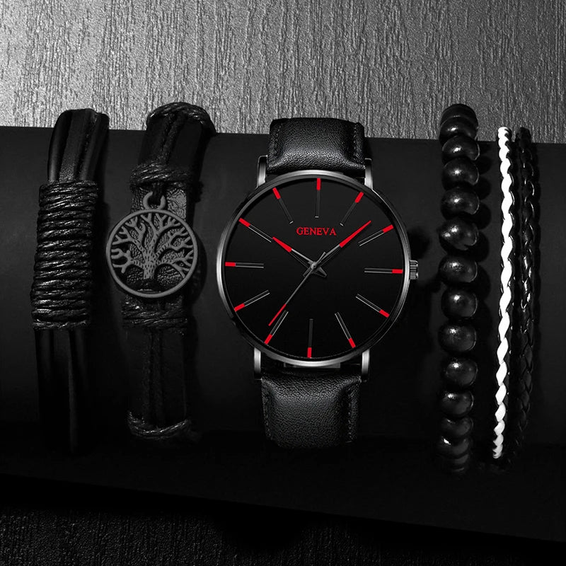 DIJANES Men's Quartz Watch & PU Leather Bracelet Set - Numberless Dial, Buckle, Fashion Casual