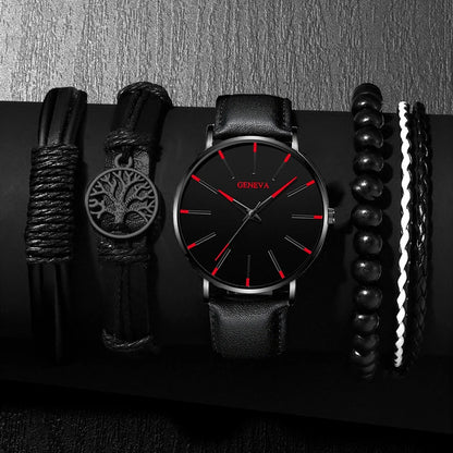DIJANES Men's Quartz Watch & PU Leather Bracelet Set - Numberless Dial, Buckle, Fashion Casual