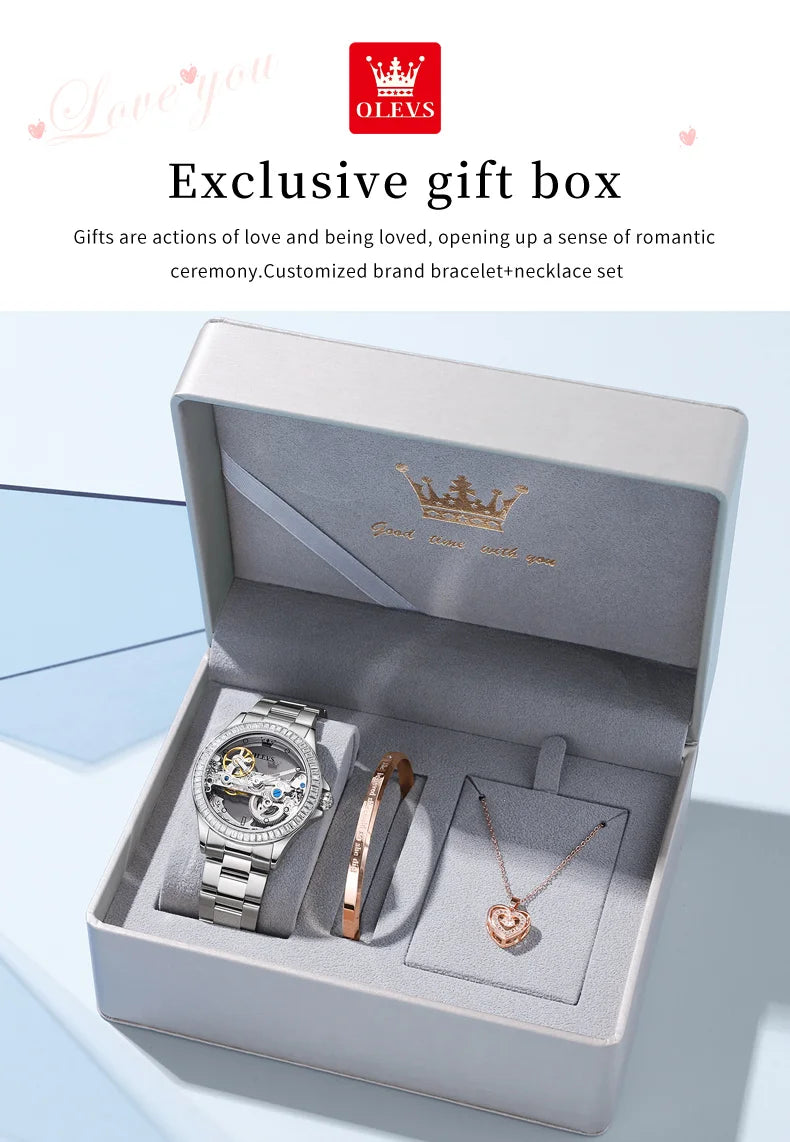 OLEVS 6699 Automatic Mechanical Watch - Transparent 40mm Big Dial, Bracelet Set, Luxury