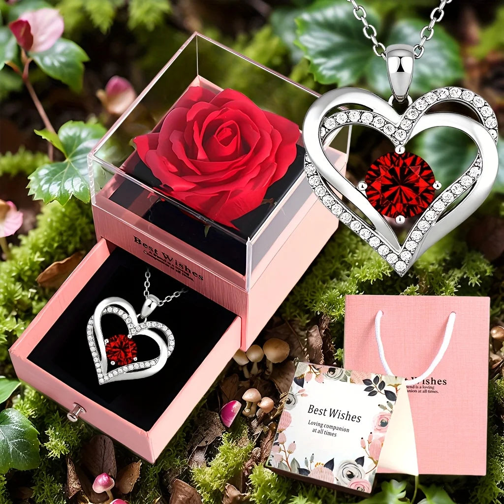 Rose Gift Set with Heart Pendant Necklace - Gift for Her