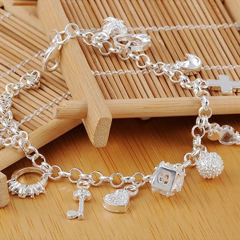 925 Sterling Silver Charm Bracelet - 13 Pendants