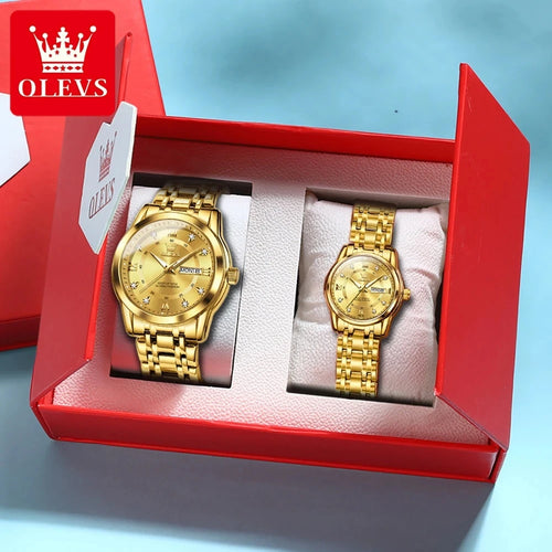 OLEVS 5513 Couple Watch - Stainless Steel, Waterproof, Luxury Gold Diamond, Lover's Pair