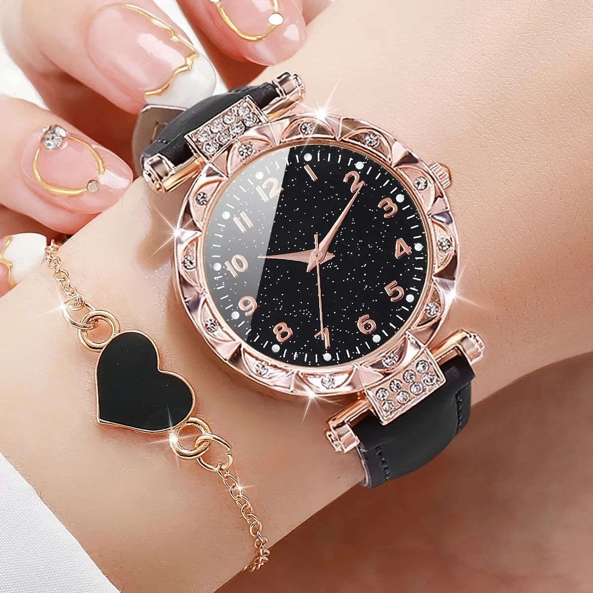 2pcs Women's Rhinestone Quartz Watch & Heart Bracelet Set - PU Leather, Arabic Numeral, 33mm