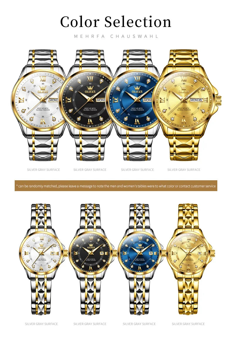 OLEVS 2906 Couple Watch - Roman Scale, Diamond Dial, Rhombus Strap, Waterproof
