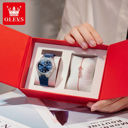 OLEVS 5606 Original Diamond Watch - Leather Strap, 3M Waterproof, Luminous