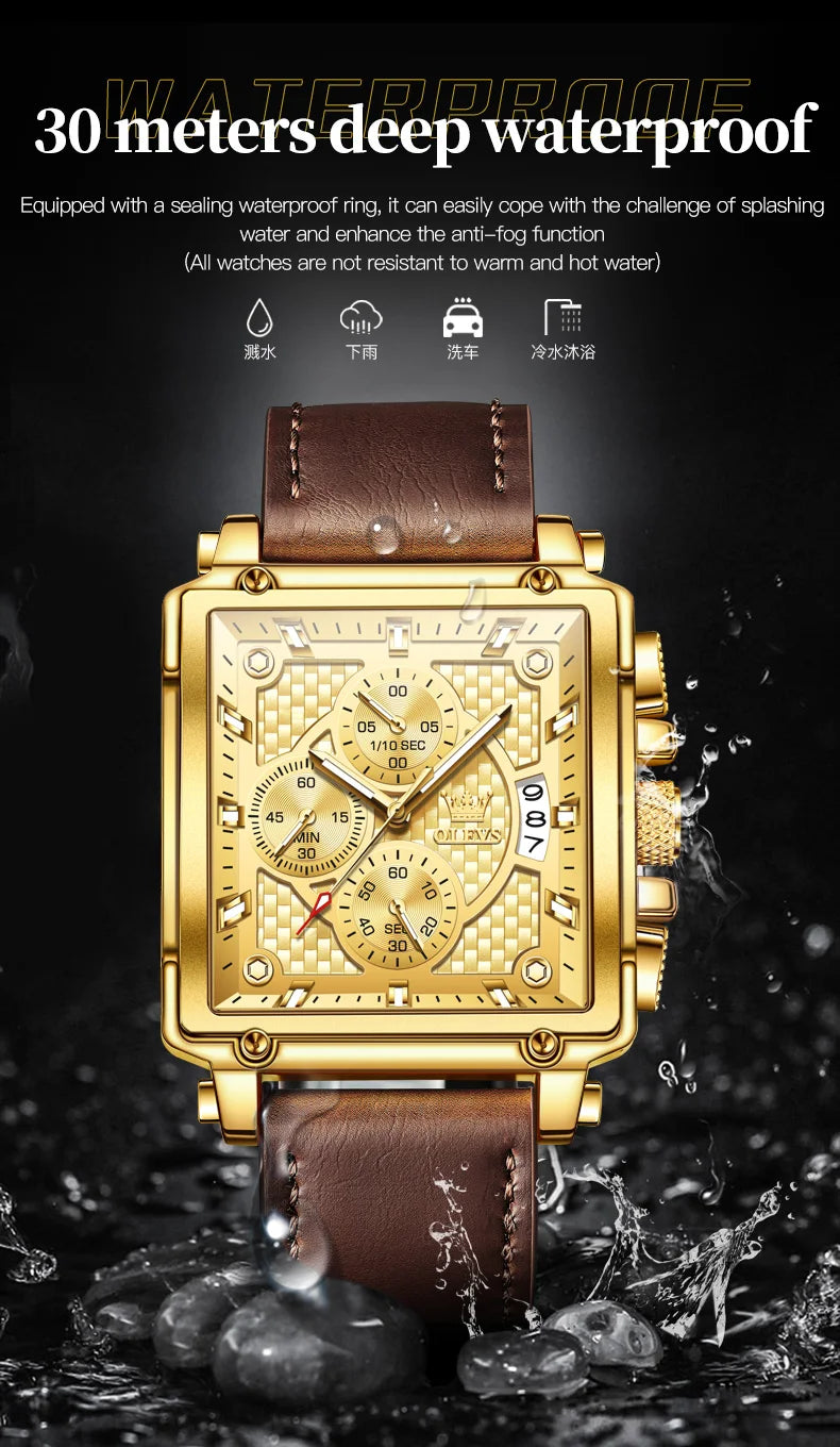 OLEVS 9925 Men's Watch - Luxury Square, Chronograph, Waterproof, Leather Strap