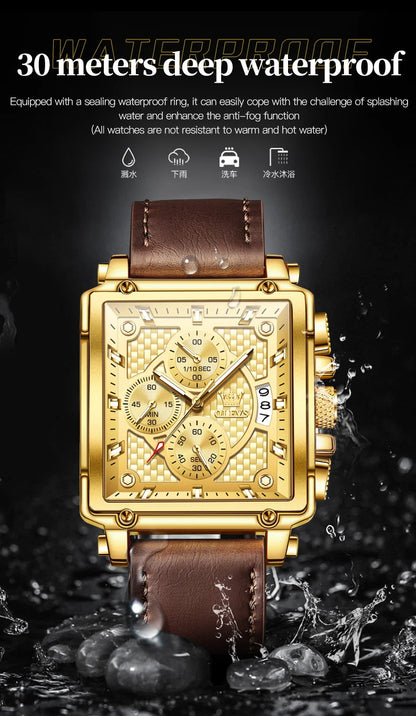 OLEVS 9925 Men's Watch - Luxury Square, Chronograph, Waterproof, Leather Strap