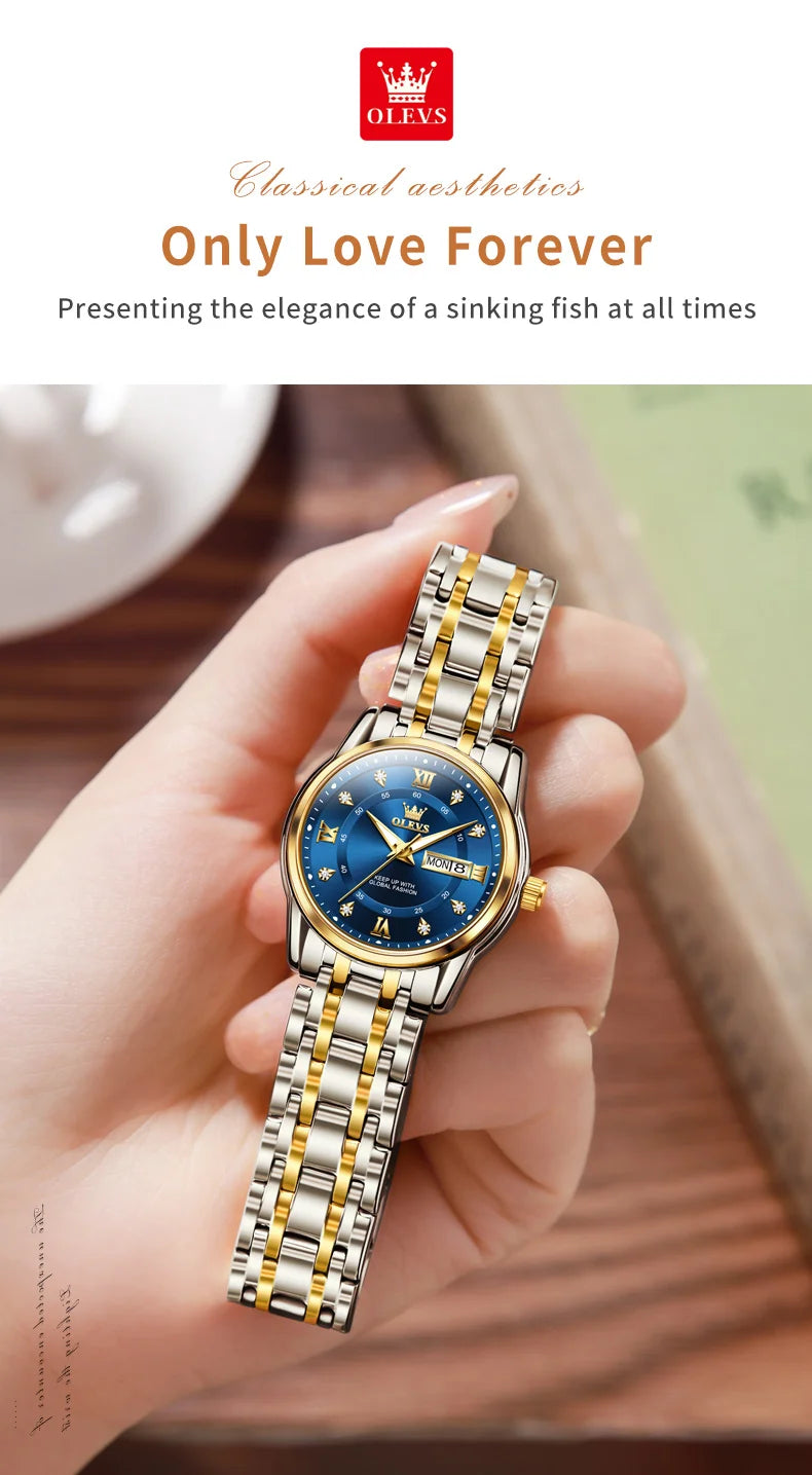 OLEVS 5513 Couple Watch - Stainless Steel, Waterproof, Luxury Gold Diamond, Lover's Pair