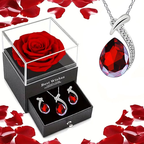 Red Rose Gift Box with Heart Stone Necklace - Gift for Mom or Wife
