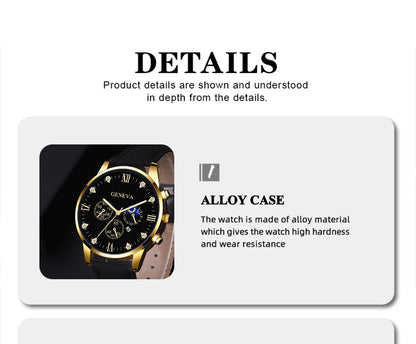 DEYROS 2pcs Men's Luxury Quartz Watch & Bracelet Set - Leather Band, Numberless Dial, No Box