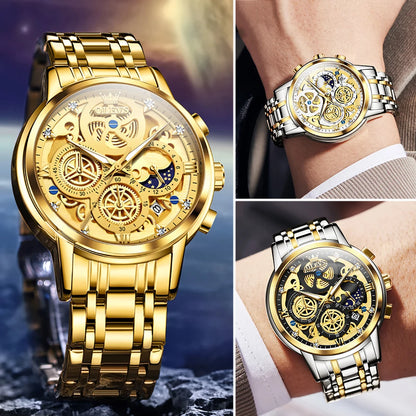 OLEVS 9947 Men's Watch - Luxury, Waterproof, Gold Skeleton, 24 Hour Day Night, Quartz