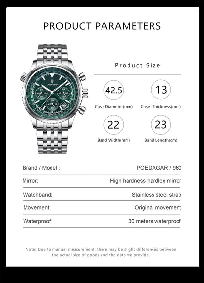 POEDAGAR 960 Men's Luxury Chronograph Watch - Stainless Steel, Luminous, 3ATM, Auto Date