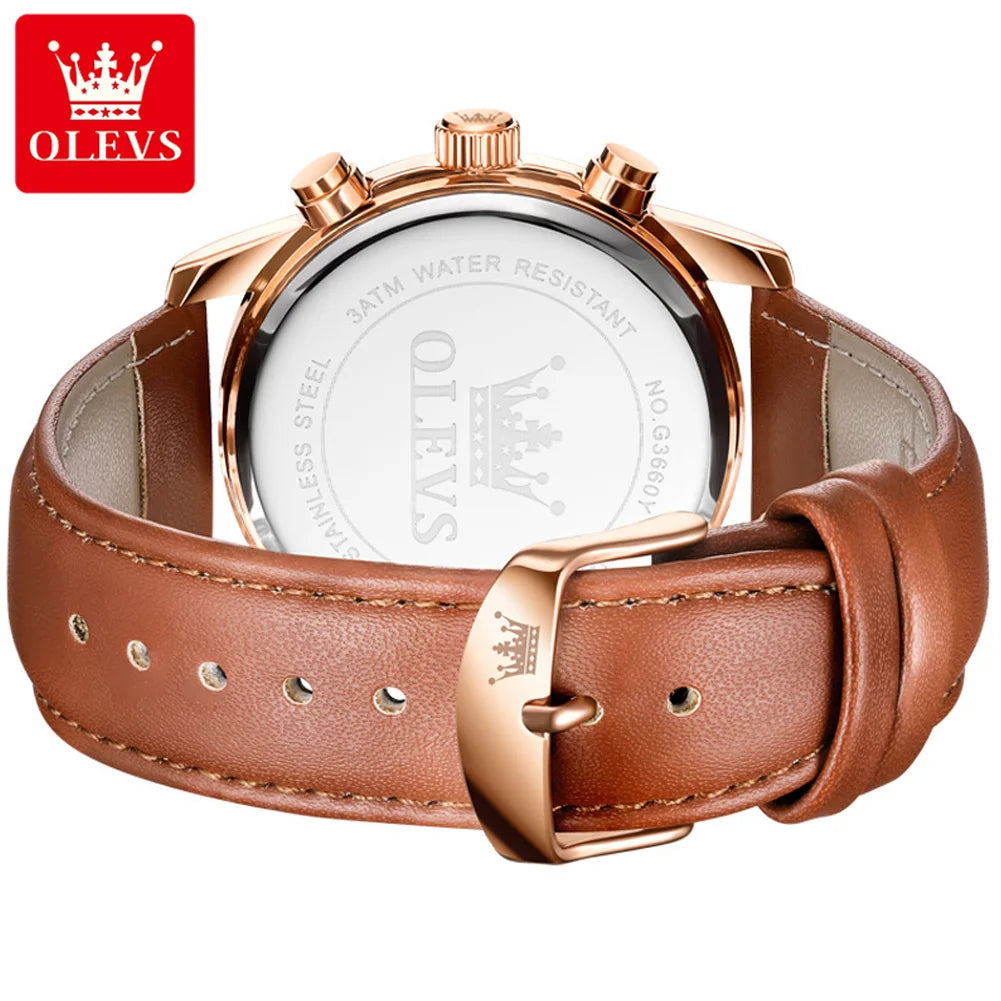 OLEVS 3660 Men's Watch - Moon Phase, Chronograph, Leather Strap, Waterproof, Anti-Magnetic