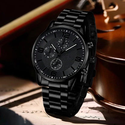 Black Men's Watch Set - Quartz Watch & Jewelry Gift Set