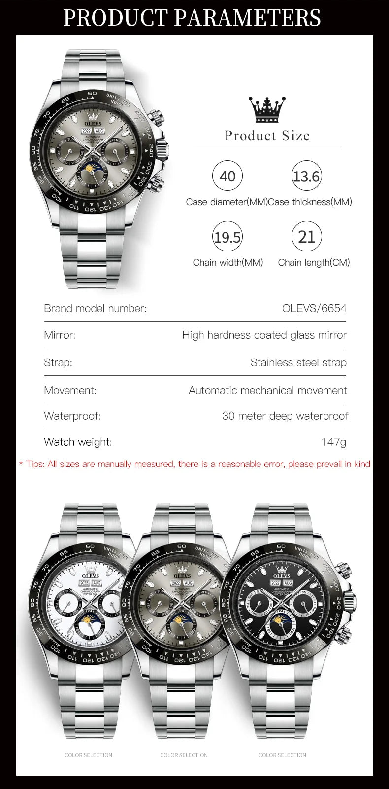 OLEVS 6654 Men's Watch - Automatic Mechanical, Sport, Waterproof, Luminous, Week Calendar