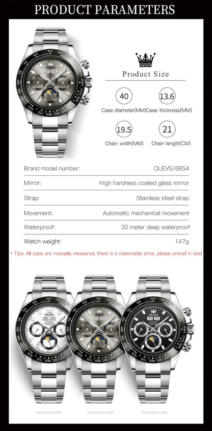 OLEVS 6654 Men's Watch - Automatic Mechanical, Sport, Waterproof, Luminous, Week Calendar
