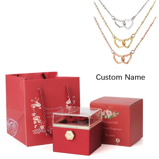 Custom Double Heart Necklace - Engraved Name with Eternal Rose Box