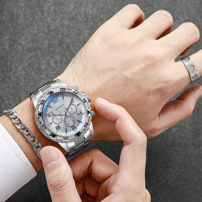 yolako 4pcs Men's Quartz Watch Jewelry Set - Watch, Bracelet, Necklace & Ring, 45mm, No Box