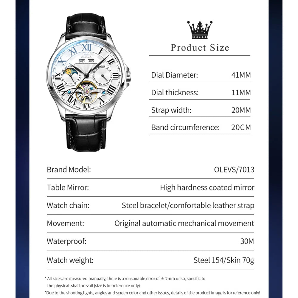 OLEVS 7013 Men's Watch - Moon Phase, Mechanical Automatic, Hollow Flywheel, Waterproof