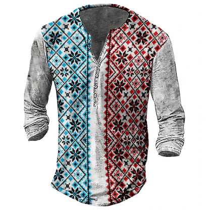 3D Wolf Men's T-Shirt - Polyester Long Sleeve Henry Collar