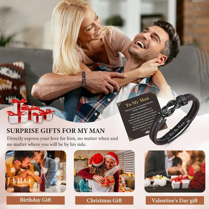 Braided Leather Bracelet - Engraved Gift for Men