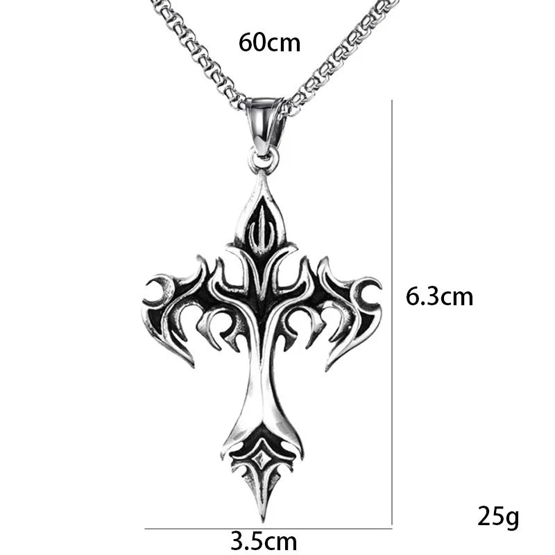 Vintage Flame Cross Pendant Necklace - 60cm Gothic Chain