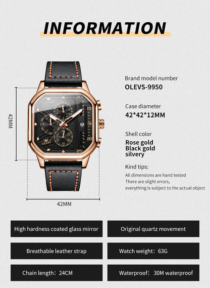 OLEVS 9950 Men's Watch - Square Sport, Waterproof, Leather Strap, Stopwatch, Backlight