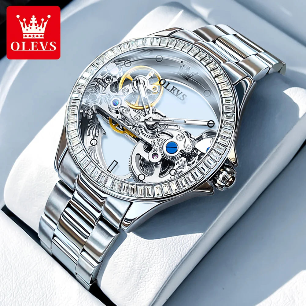 OLEVS 6699 Automatic Mechanical Watch - Transparent 40mm Big Dial, Bracelet Set, Luxury